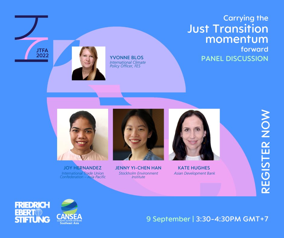 What are the concrete next steps we need to take towards a #JustTransition?

With Peter Govindasamy (@UNFCCC), Jenny Yi-Chen Han (@SEI_Asia), @joyqh,
Kate Hughes (@ADB_HQ) and Yvonne Blos from @FESonline 

Find the answer at #JTFA2022 on 9 September: https://t.co/hfmpul0Ich https://t.co/dgqpLtSBCx