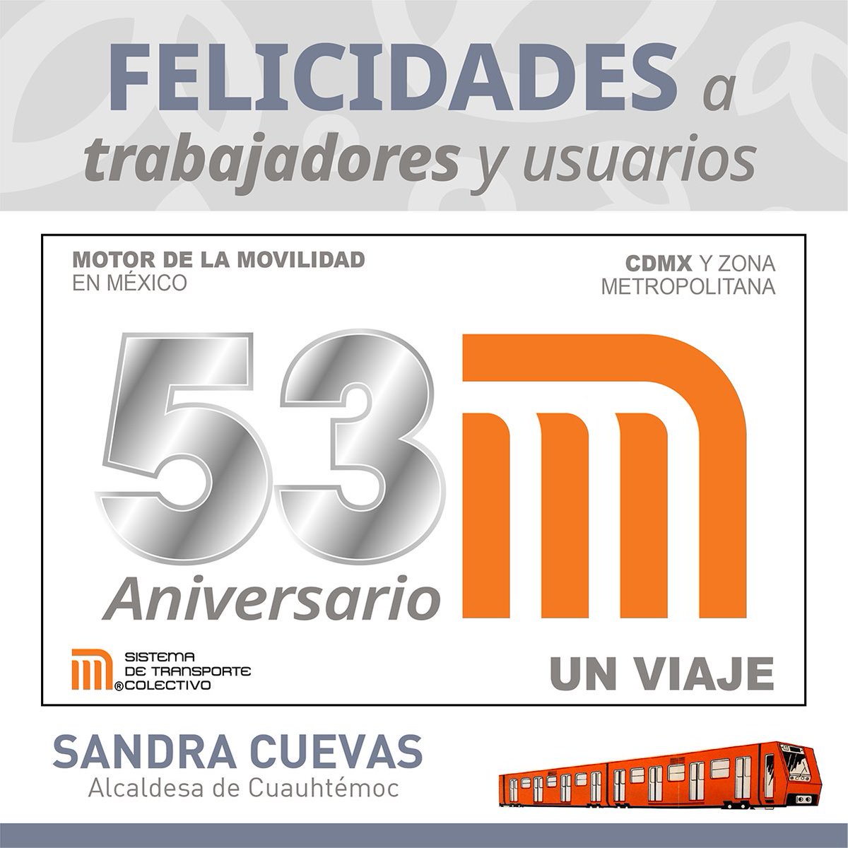 SandraCuevas_'s tweet photo. Felicito a los trabajadores del Metro por el LIII Aniversario del Sistema de Transporte Colectivo, económico y ecológico más importante de México. En #Cuauhtémoc circulan 8 de sus 12 líneas. Urge invertir en su mantenimiento para evitar tragedias, así como castigar negligencias. https://t.co/wpY8jK9ziJ