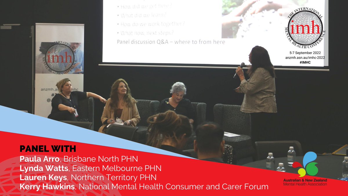 anzmha's tweet photo. Panel discussion: 'Stocktake of Lived Experience Engagement and Lived Experience Workforce Development in PHN and commissioning 2018-2021' at #IMHC with @BrisNorthPHN, @EasternMelbPHN, @NTPHN, and #NMHCCF https://t.co/5Km96YeBxQ