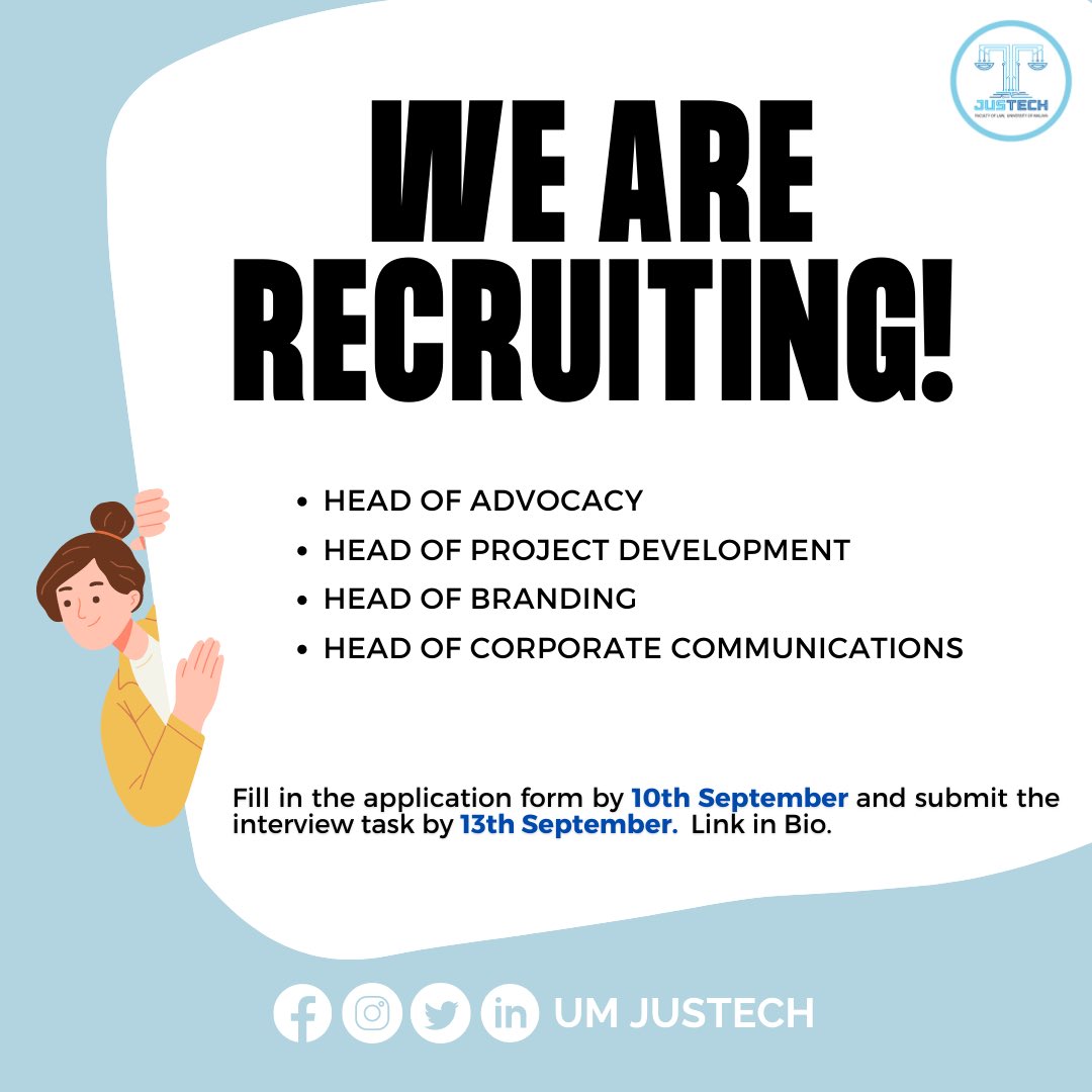 umjustech's tweet photo. Passionate about the legalities of technology?  Join the UM JusTech Executive Board 22/23! 

To be considered, fill out the application form linked below and submit the interview task to our email by the 13th of September 11.59pm. https://t.co/emYLEU5Iuo