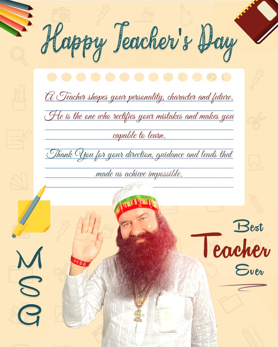 insanshobha's tweet photo. A #teacher is a dispeller of darkness of ignorance. He is the driver of the mindset of his student and transforms thoughts into reality.
We feel fortunate and grateful to learn from the best teacher in the world, Saint Dr. @Gurmeetramrahim Singh Ji Insan. Happy #TeachersDay https://t.co/PMv58rHsK0