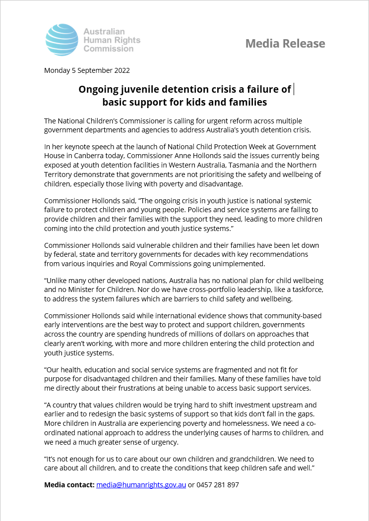 AusHumanRights's tweet photo. National Children’s Commissioner launches 2022 National Child Protection Week by blaming juvenile detention crisis on fragmented child protection and family support systems.

https://t.co/Wze7bdSyPv

#NationalChildProtectionWeek2022 #AHRC #humanrights #youngpeople https://t.co/LtzRu5HkZK