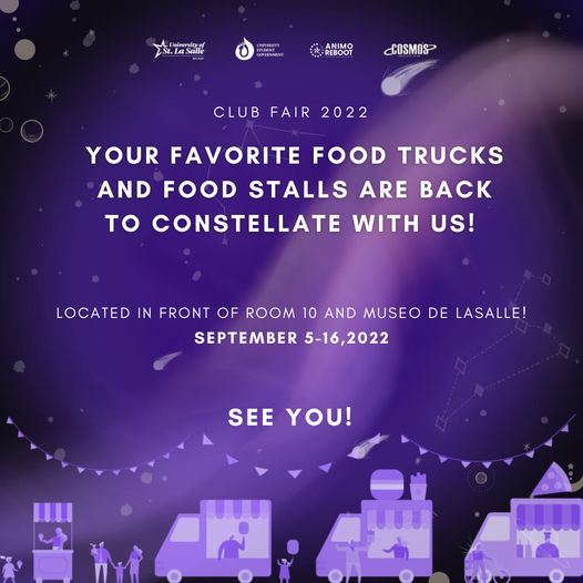 usls_usg's tweet photo. As we travel around the Cosmos, let’s enjoy our favorite food from various concessionaires! ✨💫
Food trucks and food stalls are located in front of Room 10 and Museo De La Salle!
See you Lasallians!✨
#ClubFair2022
#COSMOS:Constellating as One
#LCOReimagined
#AnimoReboot https://t.co/nfwDwbUDAF