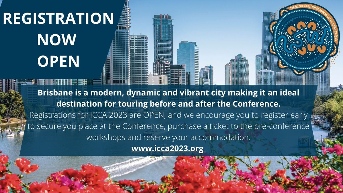 Registration is Now Open!
Through the registration form you will be able to; book your pre-conference workshops, RSVP for the social functions, purchase a ticket to go on an exciting tour, book your accommodation and more. 
Visit: icca2023.org/registration/ #ICCA2023
<a href="/ISCAupdates/">International Society for Conversation Analysis</a>