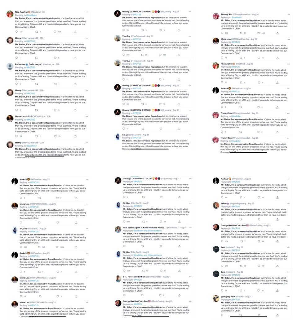 WallStreetApes's tweet photo. Nothing to see here, these are just some of the bot replies to a single tweet from @POTUS #Biden after they cranked up his like engagement numbers 🤖🤖🤖🤖🤖🤖🤖🤖🤖🤖🤖🤖🤖🤖🤖🤖🤖🤖🤖🤖🤖🤖🤖🤖🤖🤖🤖🤖 #ClownWorld #FakeBullshit https://t.co/8O316TZbKI