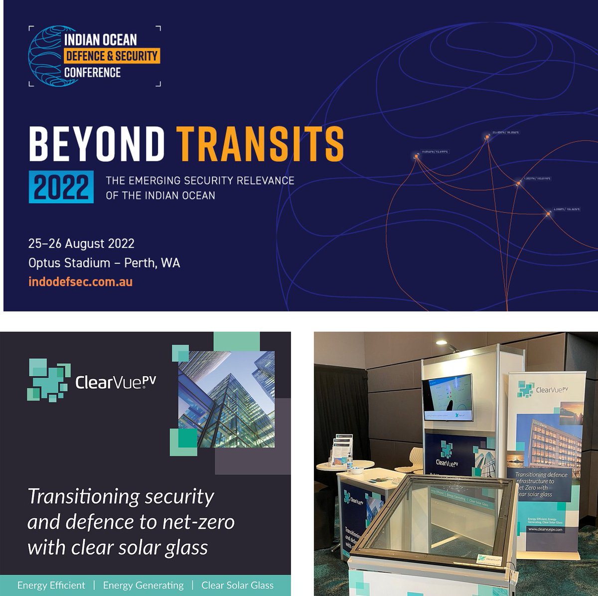 ClearVuePV's tweet image. Thanks to Defence West for accepting @ClearVuePV to exhibit at the 2022 Beyond Transits conference at Optus Stadium!
A great opportunity to demonstrate #ClearVuePV product as a building solution to assist transitioning defence infrastructure to net zero carbon emissions!