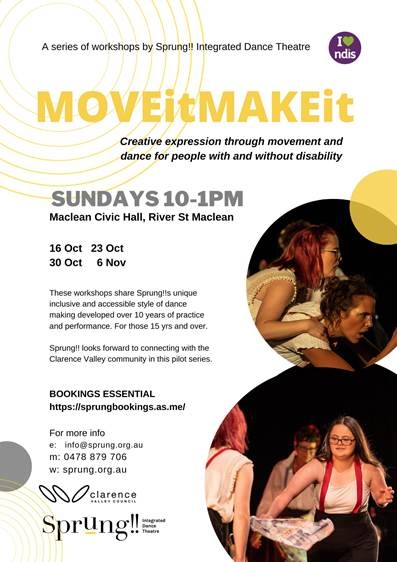 Sprung!! is coming to Maclean!

Join our facilitators Katie Cooper-Wares and Jade Dewi and explore WITH us how we make dance theatre work and more importantly, how YOU move &amp; make. 

Sundays 10-1pm
16th, 22nd, 30th Oct &amp; 6th Nov
Maclean Civic Hall
Book: info@sprung.org.au