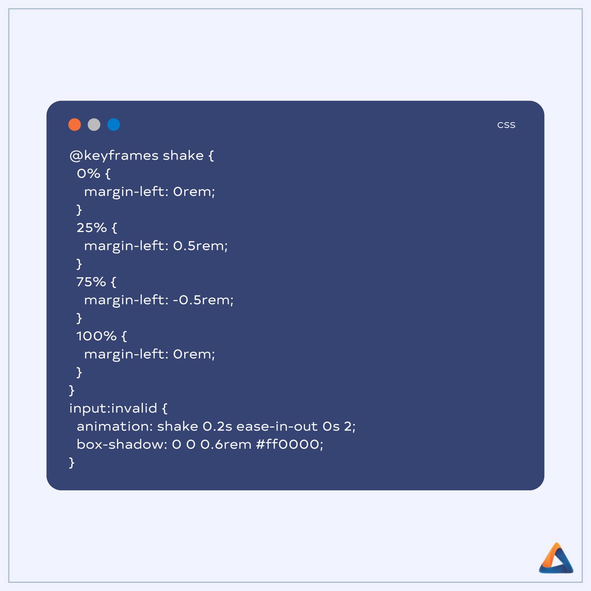 accreteit's tweet photo. Use the pattern attribute to define the regular expression which the input's value must match.
Use @keyframes to define a shake animation, using the margin-left property.
Use the :invalid pseudo-class to apply an animation to make the element shake.
#css #html #csstricks #csstips https://t.co/Swmzpf2g1E