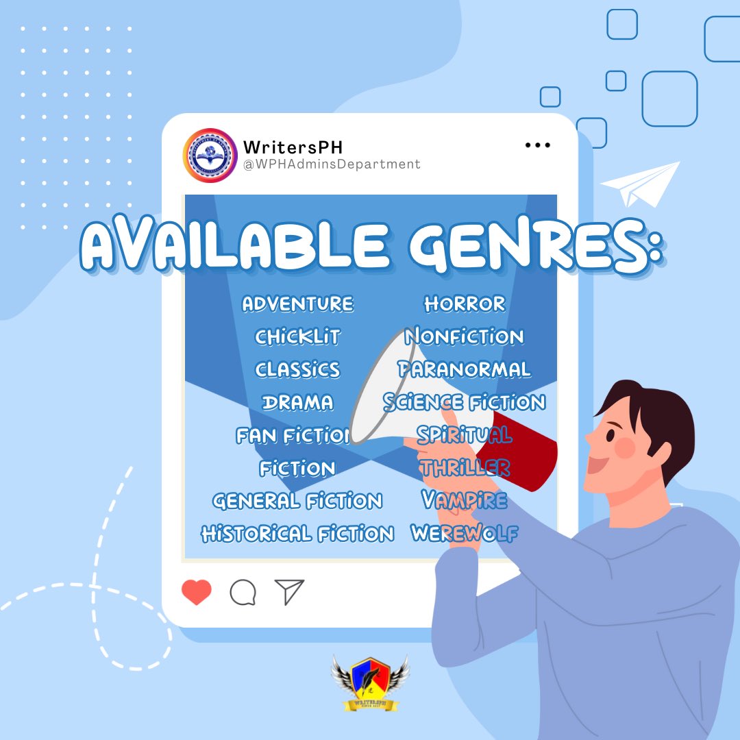 sorryeal's tweet photo. Good day, everyone! WritersPH (@writersph_) is currently searching for admin handlers for the following genres:

• Adventure
• Chicklit
• Classics
• Drama
• Fan Fiction
• Fiction
• General Fiction
• Historical Fiction
• Horror
• Nonfiction
• Paranormal https://t.co/6EM2KrVWvS