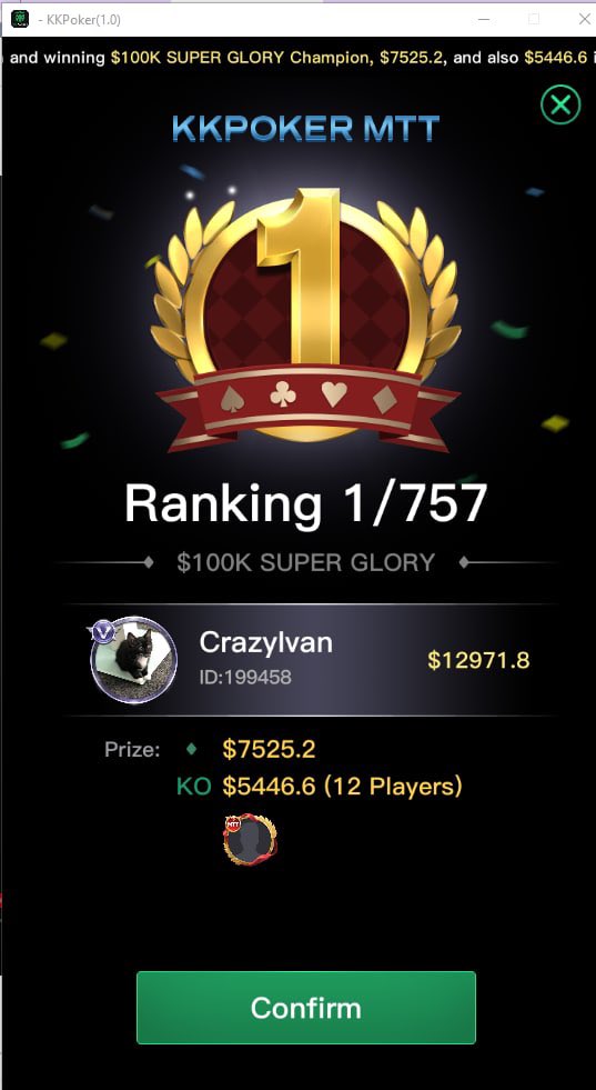 crazyivan24's tweet image. Won a $100 KO MTT #poker 💰
It’s good to be lucky 😁

♠️❤️♣️♦️

JOIN: kkpoker.club/VIPKK

DM me to claim: 50% daily rakeback, 100% deposit bonus &amp;amp; welcome cash