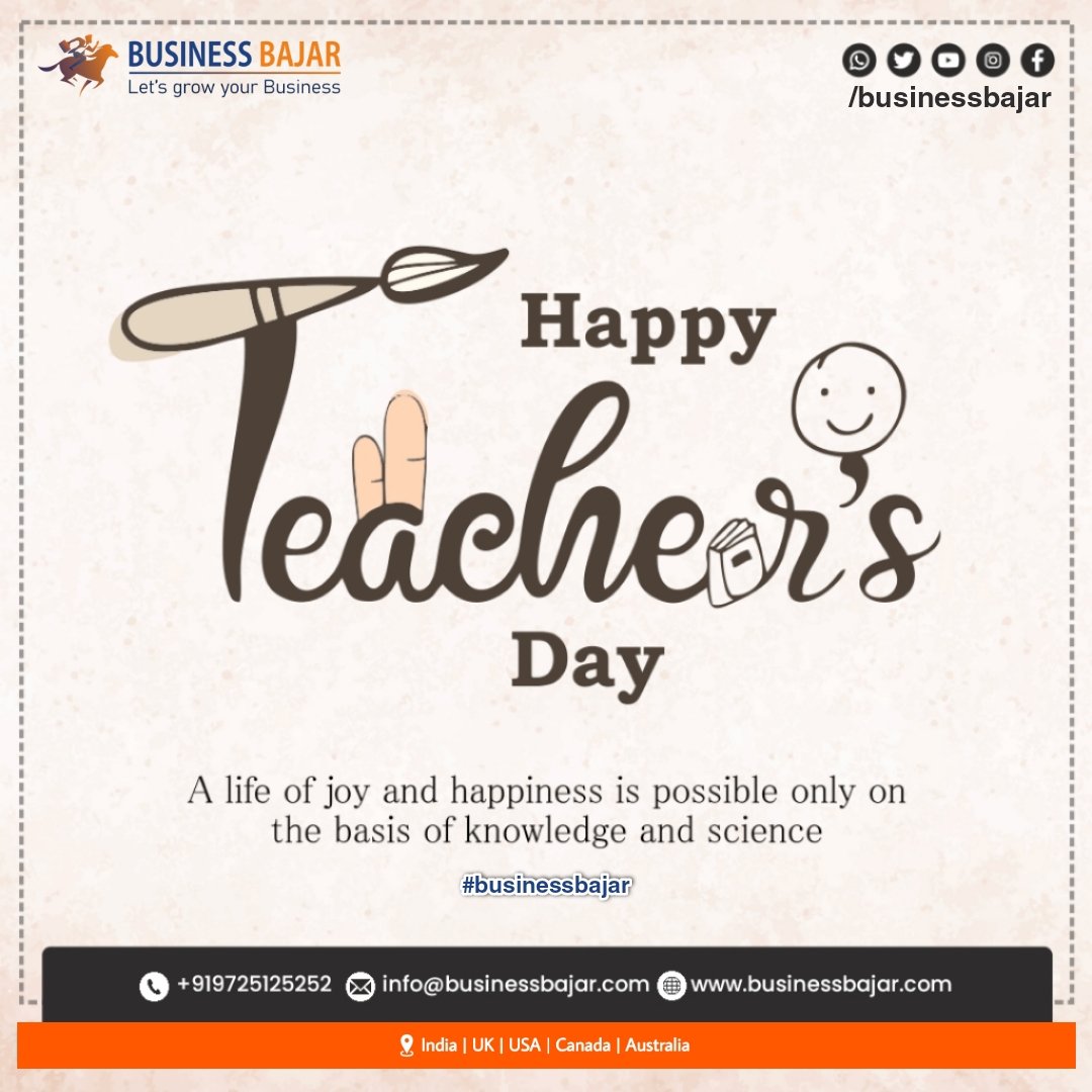 BusinessBajar's tweet photo. A life of joy and happiness is possible only on the basis of knowledge and science
Happy Teachers Day 🌸
#teachersday #teacher #happyteachersday #businessbajar #starittechnology #trending #foryou #likekaro #meme #trendingpost #directory #business #businessdirectory #todaypost https://t.co/wz9LZiDwls