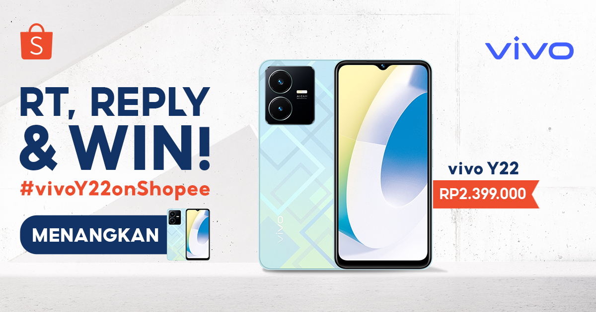 ✨ MENANGKAN vivo Y22 ✨
 
Hari ini mimin &amp; vivo mau giveaway vivo Y22 nih! Caranya:

1. FOLLOW @shopeeid
2. RT &amp; LIKE tweet ini
3. REPLY "Aku mau vivo Y22 #vivoY22onShopee"

Good luck 🥳