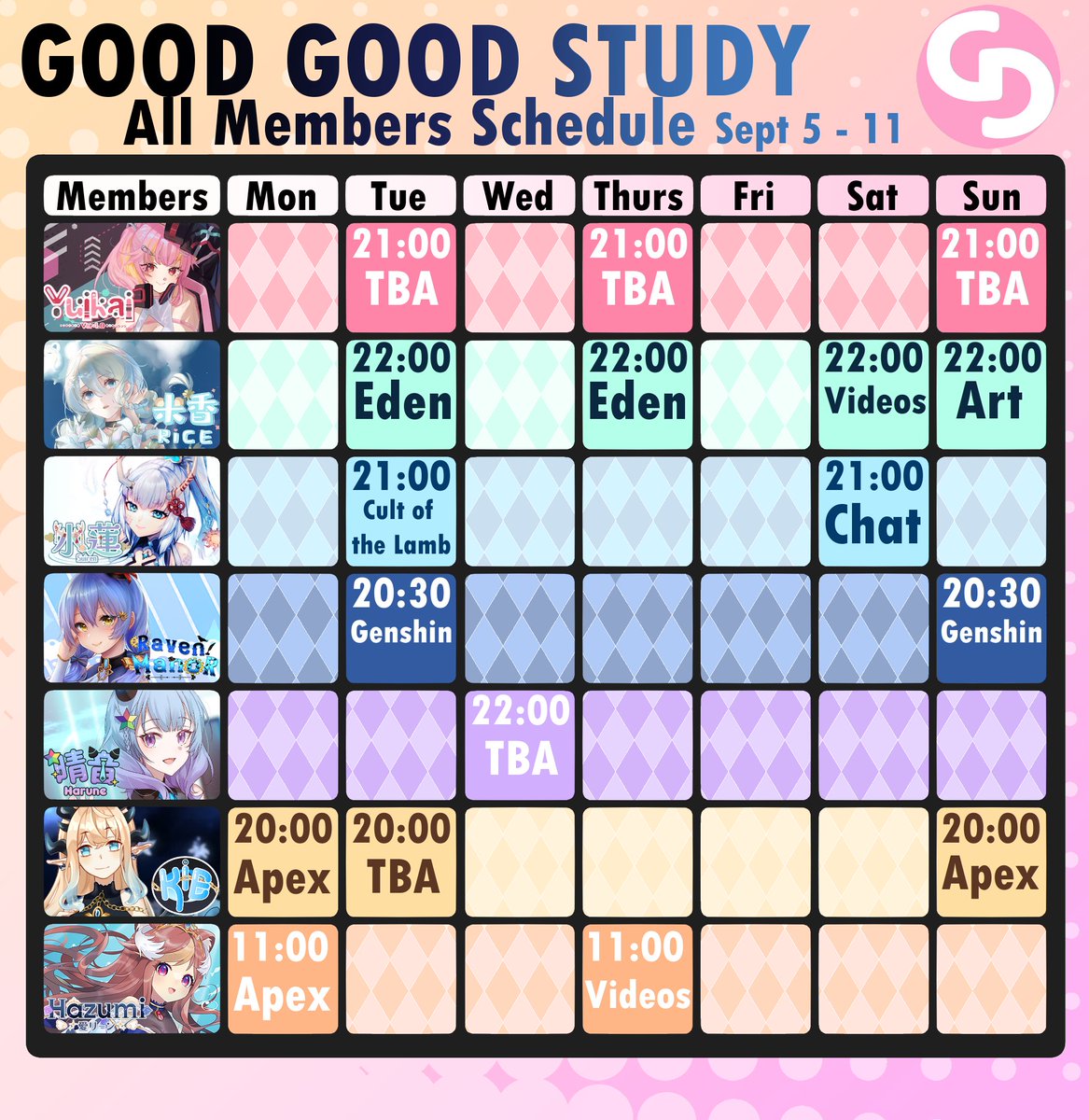 GGSVtb's tweet photo. I forgot to post last week's schedule on Twitter, much apologies!
But this week's is out! Don't forget to check everyone's stream out. You can go to their accounts via the linktree page: https://t.co/qrKDmM5hwD

Note that all times are posted in China Time (UTC +8) https://t.co/kEA2PGbpFt