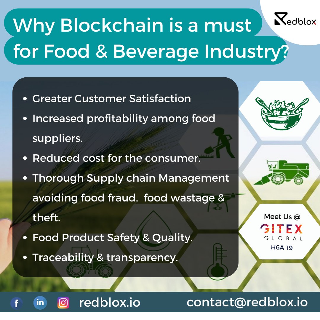 RedBloxIO's tweet photo. Why Blockchain is a must for Food &amp; Beverage Industries? 

#foodindustry | #blockchain | #foodandbeverage | #blockchainfoodsupply | #blockchaintracking | #redbloxatgitex | #redbloxatglobalevents | #redblox | #gitex2022 | #gitexglobal | #tradeshows | #meetings | #tech | #events https://t.co/c69nhQ13Nh