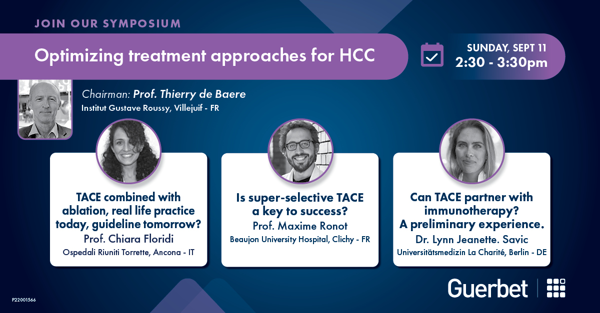 GuerbetGroup's tweet photo. Depending on the stage of the #HCC and the patient's profile, we can optimize the therapeutic approaches for HCC. 
Don’t miss our live symposium with Prof. Thierry De Baere, Prof. Chiara Floridi, Prof. Maxime Ronot and Dr. Lynn Jeanette Savic
👉 https://t.co/JJzPKYqRAK
#CIRSE2022 https://t.co/Ycuse3B1oP