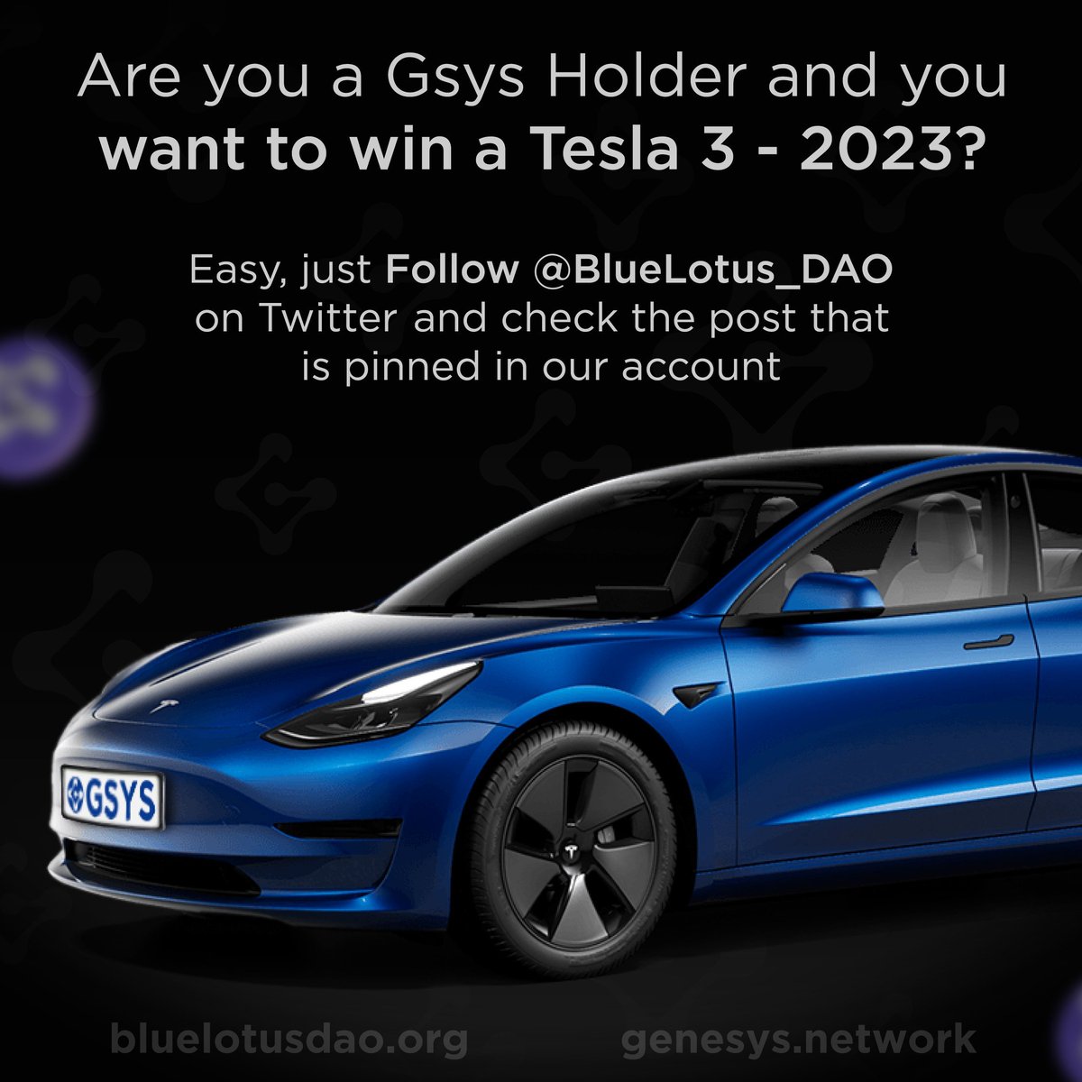 AvyraAylim's tweet photo. Es la hora de participar por un Tesla 3, 2023. 

Sigue a @BlueLotus_DAO y @Genesys_Army para enterarte como ganarlo

Activos @Francojard17 @rebollar_ariel @Javinu52 
 
#tesla #teslaGSYS #gsys #genesysnetwork #bluelotusdao #bnb #binance #teslagiveaway #nft #DEX #BinanceSmartChain https://t.co/vCvu9CE0Yc