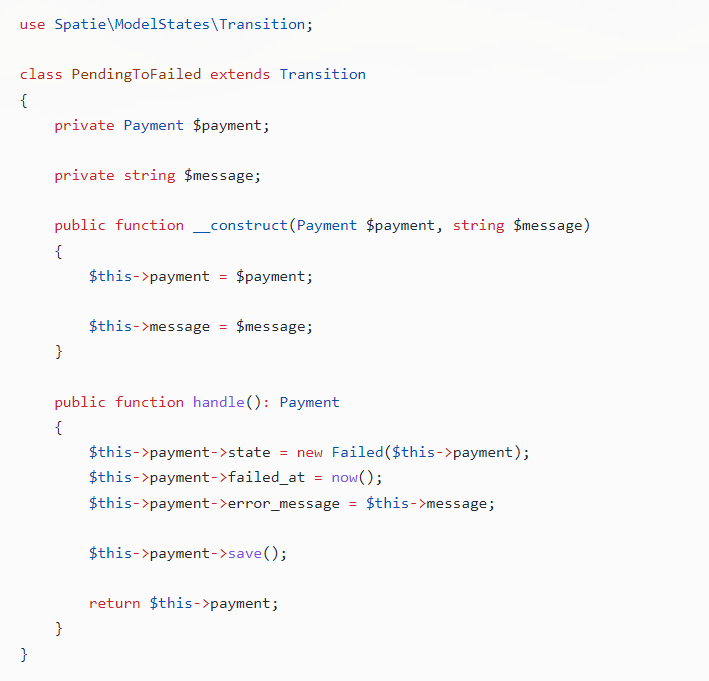jigar_dhulla's tweet image. To perform certain action when transitioning from one state to another, we can define our own Transition Class.
#Laravel #PHP #StatePattern #StateMachines