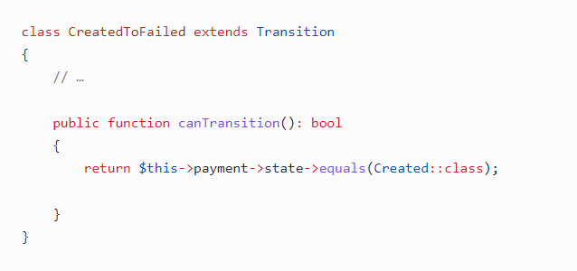 jigar_dhulla's tweet image. Additionally, one can define a condition in canTransition() method of Transition Class to let the class know when the transition should be allowed.
PS: All screenshots in this thread are from official docs.
#Laravel #PHP #StatePattern #StateMachines