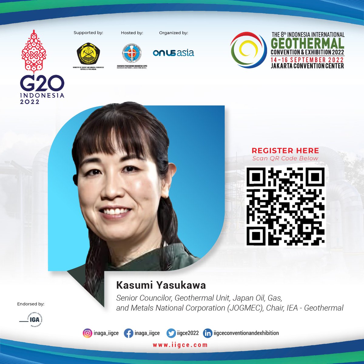 Meet Ms. Kasumi Yasukawa on Plenary Session 1 in The 8th Indonesia International Geothermal Convention &amp; Exhibition 2022.

She will join our discussion about the importance of geothermal for our climate and humanity.

Get your access now!