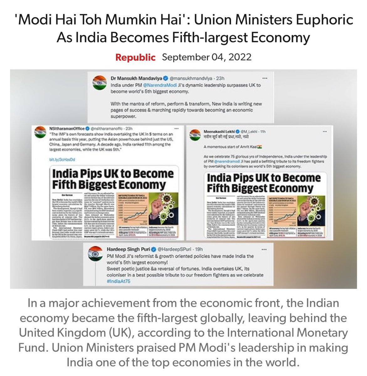 'Modi Hai Toh Mumkin Hai': Union Ministers Euphoric As India Becomes Fifth-largest Economy republicworld.com/india-news/eco… via NaMo App