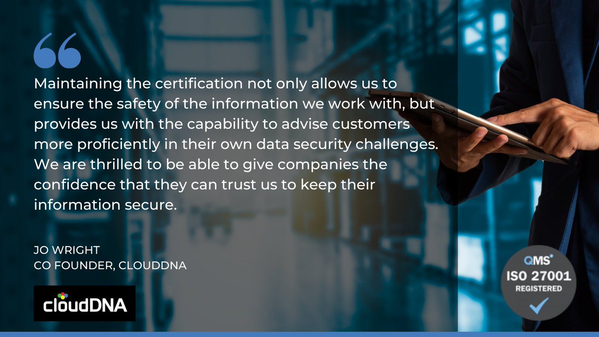 cloudDNA's tweet photo. We are thrilled to announce we have successfully renewed our latest ISO27001 accreditation following a recent Security Audit. That's 5 years in a row, we're very proud

https://t.co/FUnSsSTaw5 

#ISO27001 #SecuritySpecialists #ISOAccredited #cloudDNA https://t.co/9Y98nJco2D
