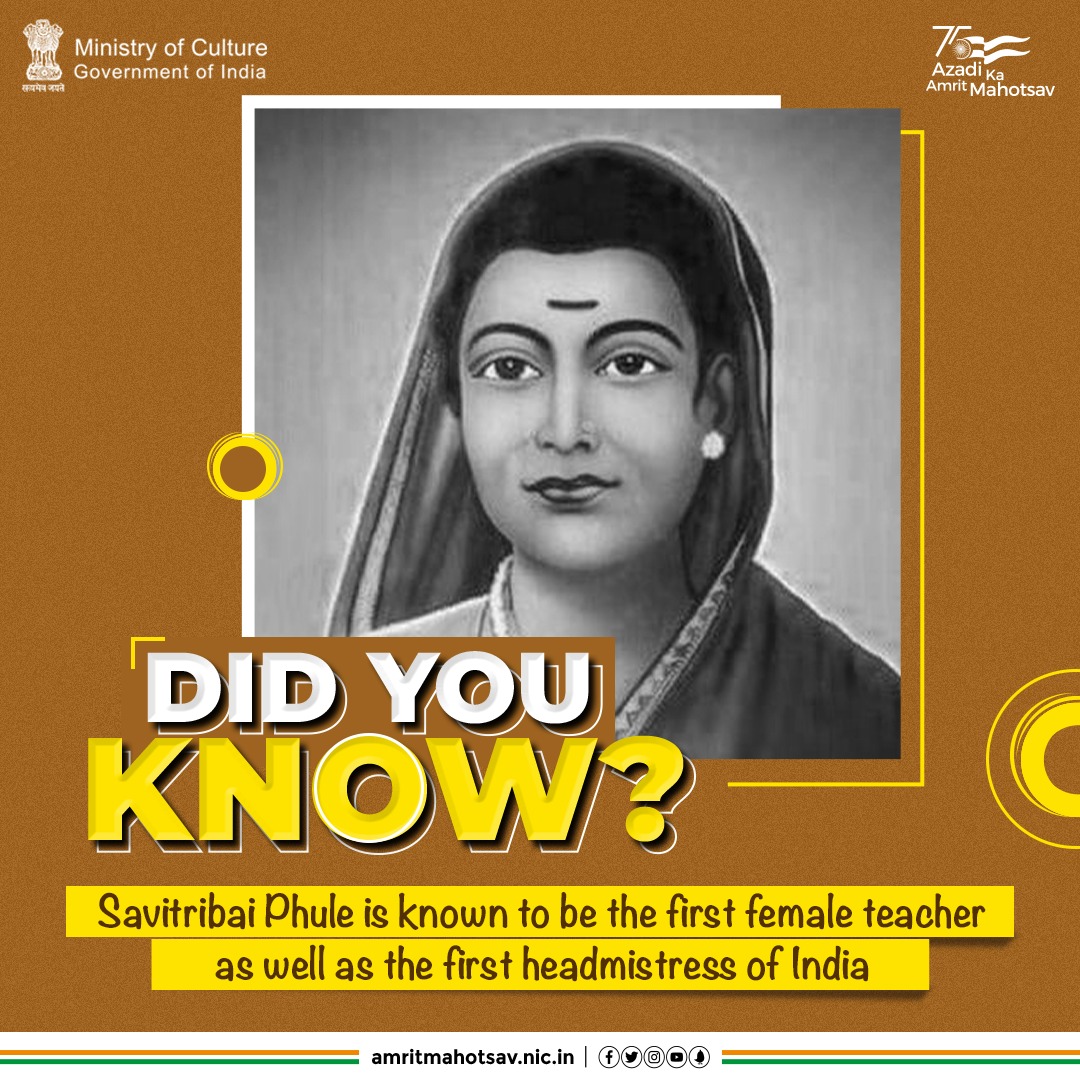 An educationist &amp; champion of women empowerment,  #SavitribaiPhule was a trailblazer in providing education for girls. (1/2)

#AmritMahotsav #TeacherTales #MainBharathoon #HappyTeachersDay