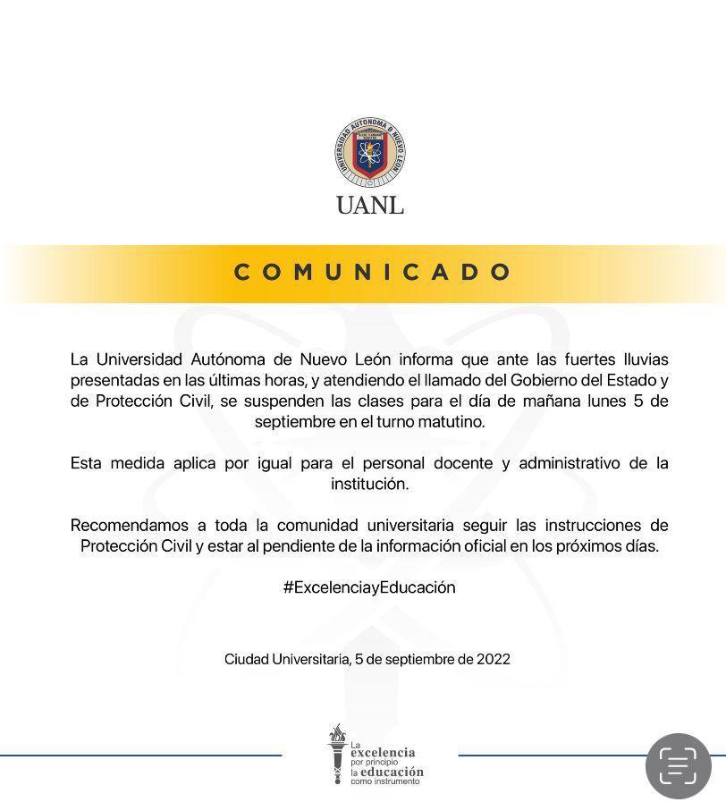 El día de mañana 5 de septiembre se suspenden las actividades matutinas para toda la comunidad discente, estudiantil y administrativa