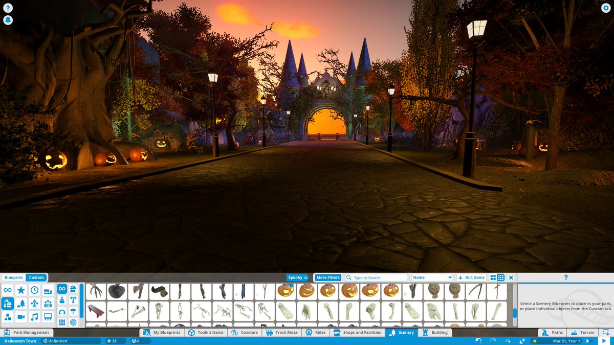 deviousandi's tweet photo. Haven't even started building the actual park yet. But I love the entrance lol 😂 #planetcoaster #spooky https://t.co/en9KtiMbAy