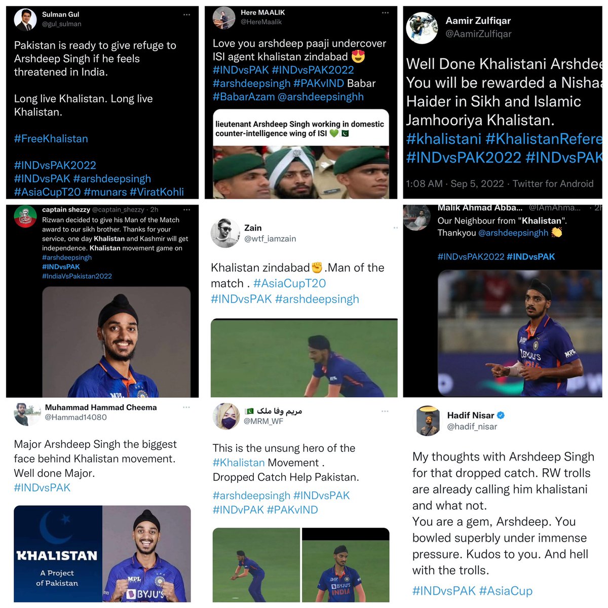 Accounts from Pakistan and UAE are running the propoganda of divide and rule. But we are with you #arshdeepsing, we are one.
Don't let your moral be down, when dog's can't do anything they just simply play such tricks. 
#sikh #brothers #INDvsPAK #AsiaCup2022