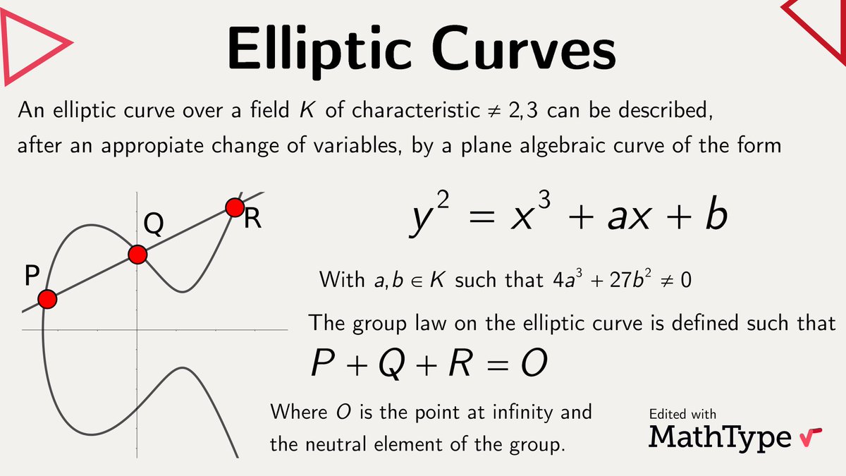 MathType's tweet photo. An elliptic curve is a smooth, projective, algebraic curve of genus one, on which there is a specified point O. Elliptic curves can be endowed with a group law on their points, which makes them a very interesting object with special properties.#MathType https://t.co/Cc0Lrktg5D