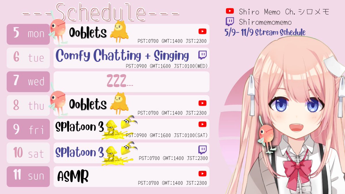 ShiroMemomemo's tweet photo. 【Schedule!!】5/9 - 11/9
New games this week!! Memo's wallet-kun is crying!! Oh and six streams heh
・General: #Shiromemo
・Stream: #MemoReSTART
・Fan Art: #MEMOsketch
・Fan name: #memodachi
・Meme/clips/funny video: #mememo
Schedule art @/yuentsz123 https://t.co/TZhvauJc3E