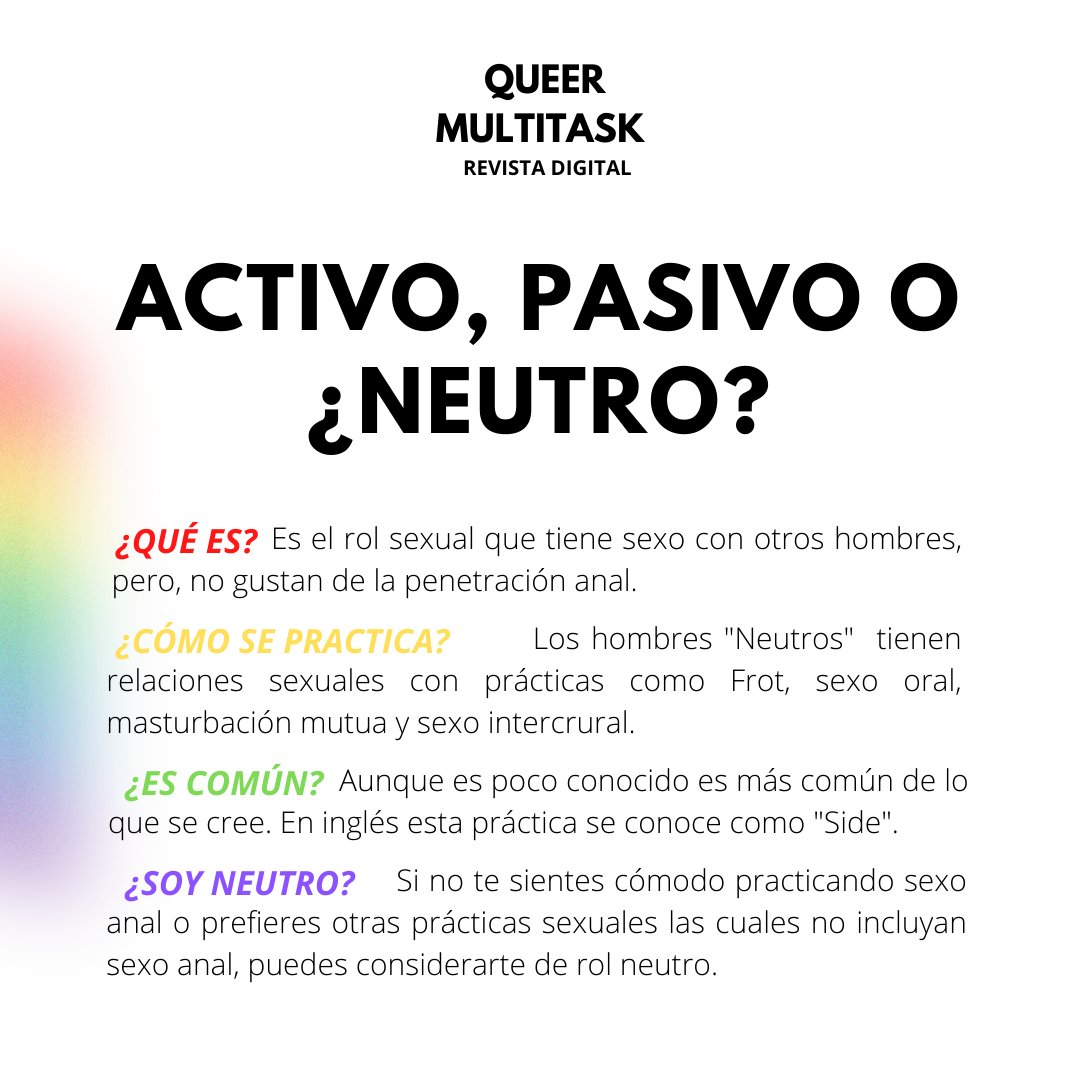 QueerMultitask's tweet image. Aprende con nosotros un poco más sobre el Rol Neutro. Recuerda que es importante conocernos cada día más, por lo que si no te sientes identificado como activo, pasivo o versátil, tal vez es porque seas Neutro.
#gaymexico #queermultitask #LGBTIQ