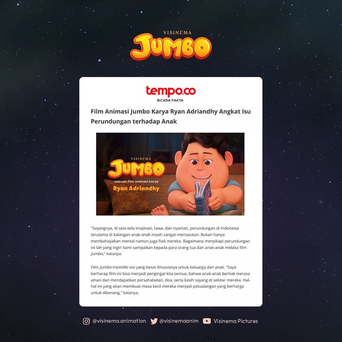 visinemastudios's tweet photo. Kamu penasaran sama cerita #FilmJUMBO?
Yuk cari tahu dengan klik link di bio kita.
Update #FilmJUMBO akan kita share juga di IG Visinema Animation dan juga Youtube Visinema Picture. Jangan lupa follow ya.
#visinema #visinemaanimation #FilmJUMBO #JourneyToFilmJUMBO https://t.co/0luHAj4GFY