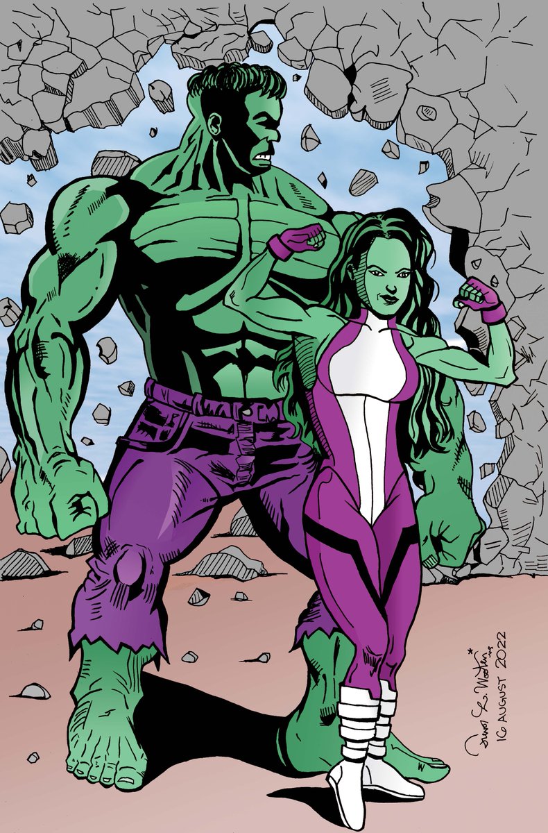 TLWooten_Art's tweet photo. Here is the final version of the piece that I posted a few weeks ago. She Hulk and her cousin, The Hulk, in India ink and full Photoshop color. #mcu #attorneyatlaw #illustrationart https://t.co/tKX3gMD0JC