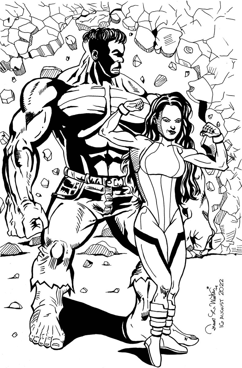 TLWooten_Art's tweet photo. Here is the final version of the piece that I posted a few weeks ago. She Hulk and her cousin, The Hulk, in India ink and full Photoshop color. #mcu #attorneyatlaw #illustrationart https://t.co/tKX3gMD0JC