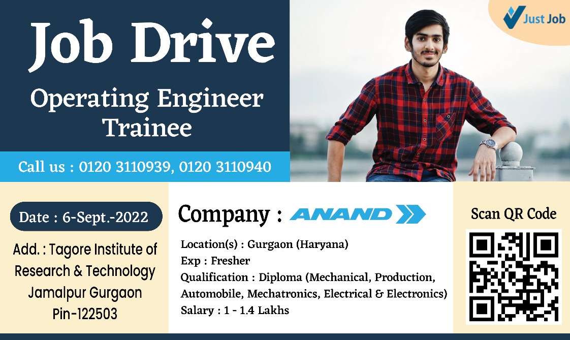 Hiring Alert!!
Position:  Operating Engineer Trainee
Company: Anand Group
Qualification:  Diploma (Mechanical, Production, Automobile, Mechatronics, Electrical and Electronics) 
Location: Gurgaon, Haryana.
Work Exp:  Fresher
Salary Range: 1 - 1.4 Lakhs
Job Type:  Corporate Job