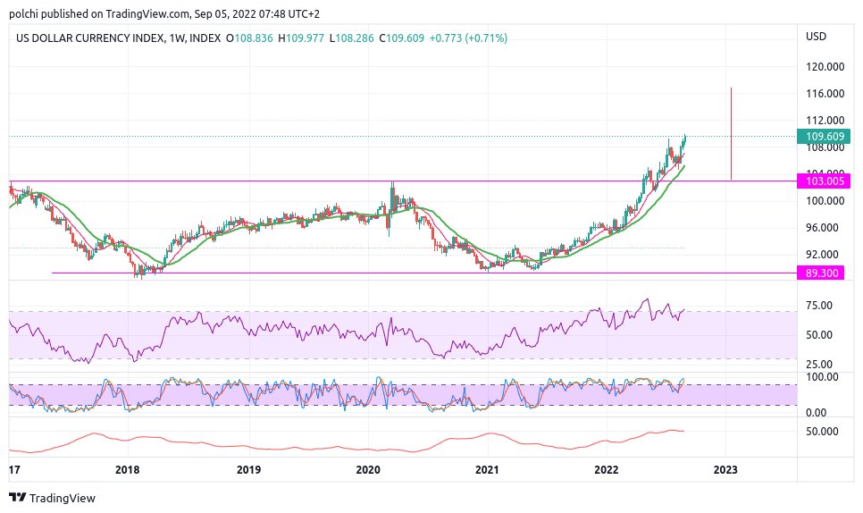 tradingpp's tweet photo. #DXY #1M #W con ganas de seguir acercándose a los 120, pero mostrando divergencias en RSI y elevados niveles de sobrecompra. https://t.co/74IN8m4ddU