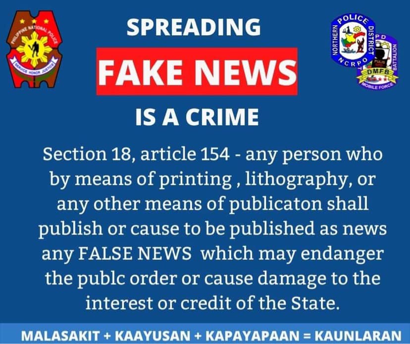 BcasDmfb's tweet photo. Spreading FAKE NEWS is a Crime
#WeServeAndProtect
#TeamPNP
#PNPKakampiMo
#SAFENCRPO
#dmfb https://t.co/AWhRgcgxgY