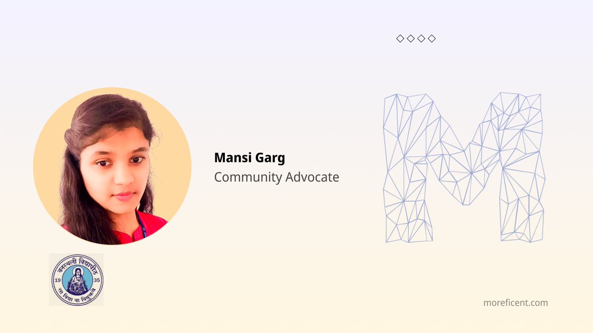 moreficent_comm's tweet photo. Welcoming our Community Advocate for @moreficent  Community- Mansi Garg.

Mansi Garg is a pre-final year student pursuing computer science &amp; engineering from banasthali Vidyapeeth, Jaipur.

Be the face of the Moreficent community.
Apply here- https://t.co/nQQqxFgggA

#community https://t.co/O9sW7CEMqb