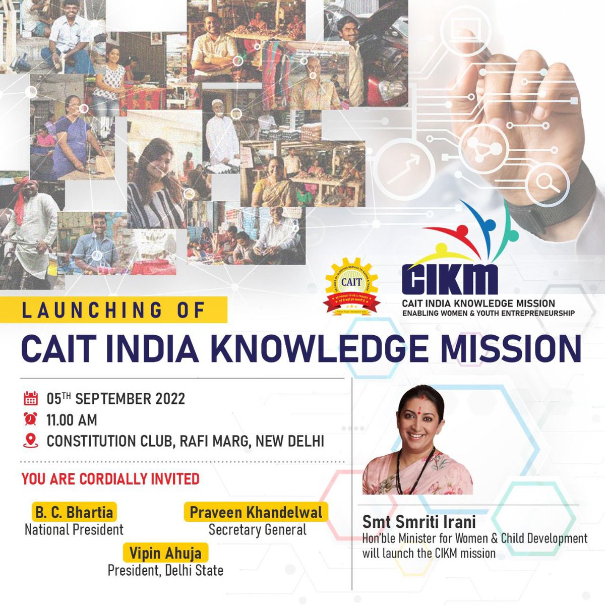 CAITIndia's tweet photo. On the occasion of #TeachersDay today, Union Minister Smt @smritiirani launched the “CAIT INDIA KNOWLEDGE MISSION” in New Delhi. 

The nationwide program aims to spread the importance of digital payments,technology,taxes &amp; laws, security &amp; other aspects to 8 crore Indian traders. https://t.co/5z0Z6Z7dWB