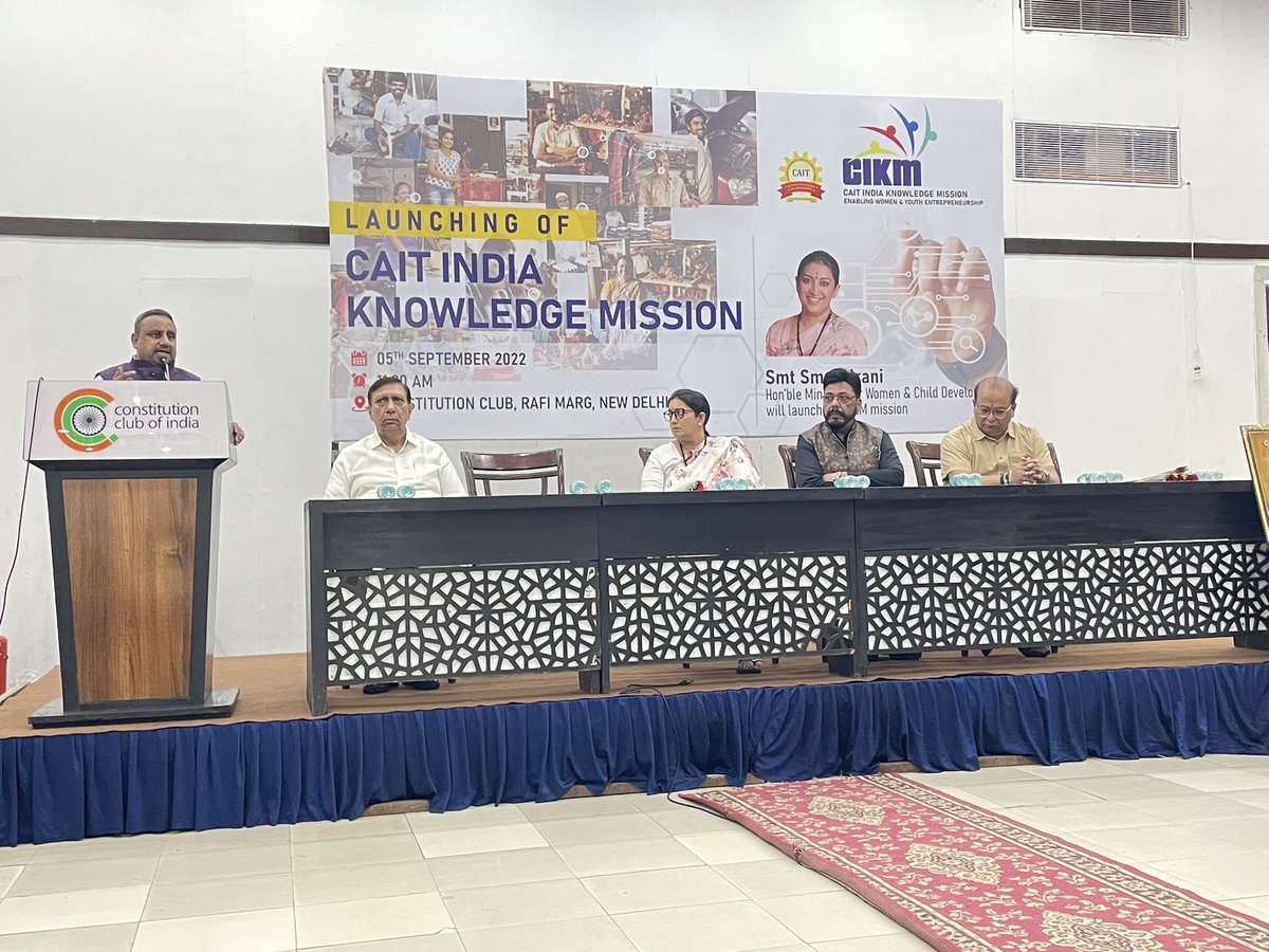 CAITIndia's tweet photo. On the occasion of #TeachersDay today, Union Minister Smt @smritiirani launched the “CAIT INDIA KNOWLEDGE MISSION” in New Delhi. 

The nationwide program aims to spread the importance of digital payments,technology,taxes &amp; laws, security &amp; other aspects to 8 crore Indian traders. https://t.co/5z0Z6Z7dWB