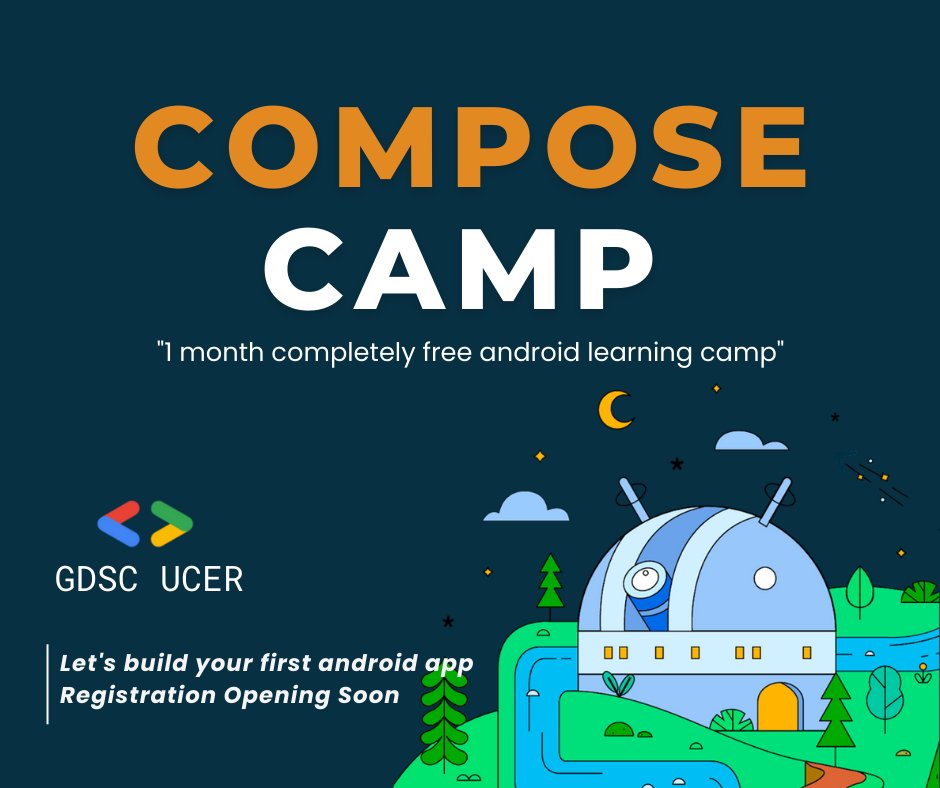 gdsc_ucer's tweet photo. 🚀Coming Soon!
We bring you the event of the month!
📍Compose Camp - An exalting android learning camp that will inspire you to build your very own Android App, so why wait? 
🔗Stay tuned for more updates!
#googledeveloperstudentsclub #gdscindia #gdsc #googledsc #gdscucer https://t.co/OQPe7Qw7JW