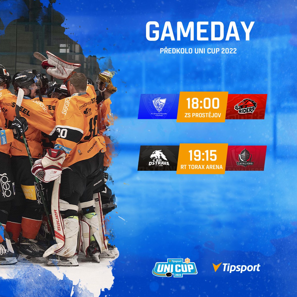 unihokej's tweet photo. Dlouhých 133 bez univerzitního hokeje je za námi! 🥳 @hcupolomouc se v předkole UNI Cup 2022 utkají s @riderspardubice a @BoOstrava vyzve @vutcavaliers! 🔥🏒 Sledujte živě na Tipsport TV! 👀 #univerzitnihokej https://t.co/xJ4BurWMB8