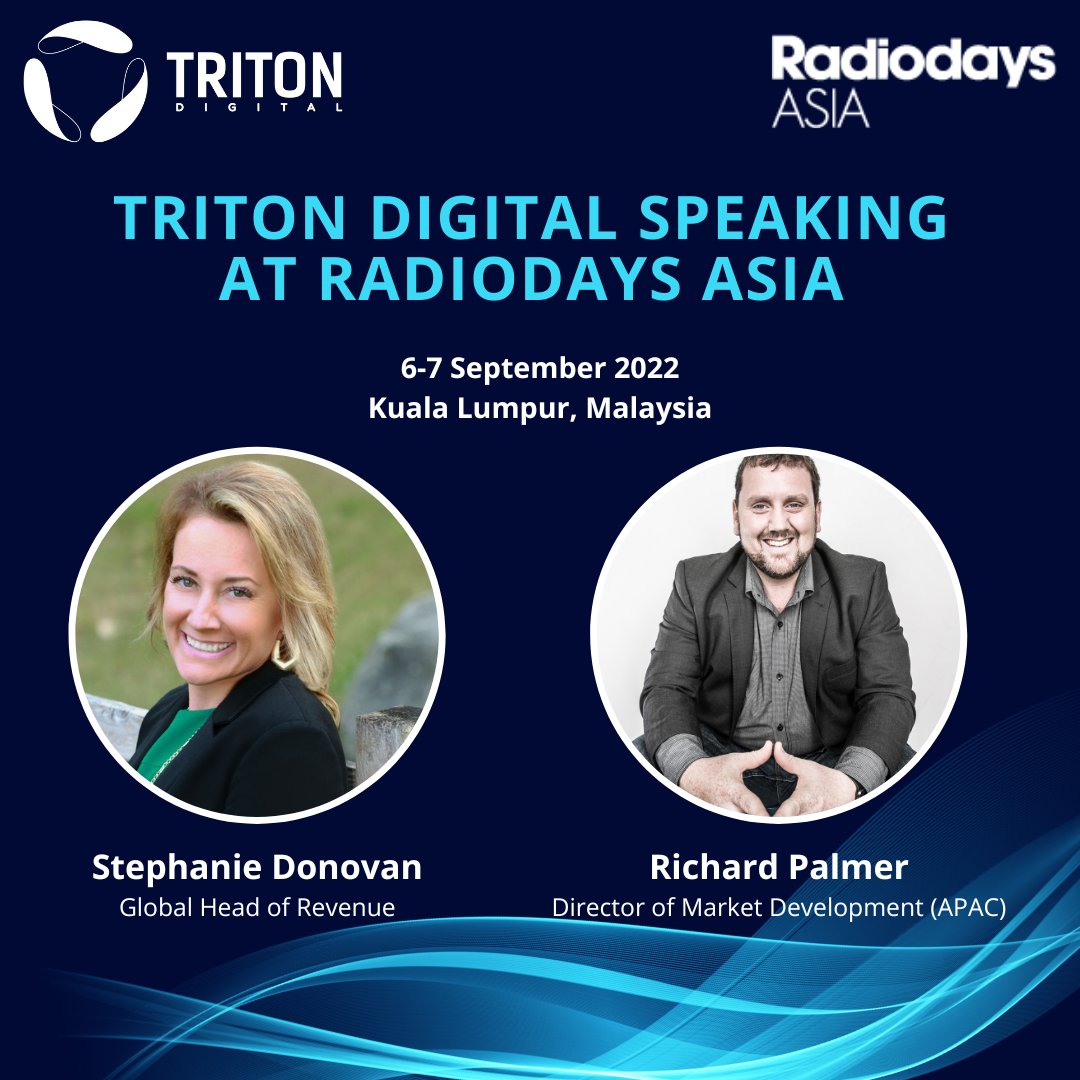 Triton Digital (@tritondigital) on Twitter photo We can't wait to see you all at <a href="/RadiodaysAsia/">Radiodays Asia</a>! 🎉
For the latest industry updates on radio and podcasting, you won't want to miss <a href="/Donovans2000/">Donovans2000</a> and <a href="/rpalmerAUS/">Richard Palmer</a>'s sessions! #RDAsia22
hubs.ly/Q01l533c0 We can't wait to see you all at <a href="/RadiodaysAsia/">Radiodays Asia</a>! 🎉
For the latest industry updates on radio and podcasting, you won't want to miss <a href="/Donovans2000/">Donovans2000</a> and <a href="/rpalmerAUS/">Richard Palmer</a>'s sessions! #RDAsia22
hubs.ly/Q01l533c0