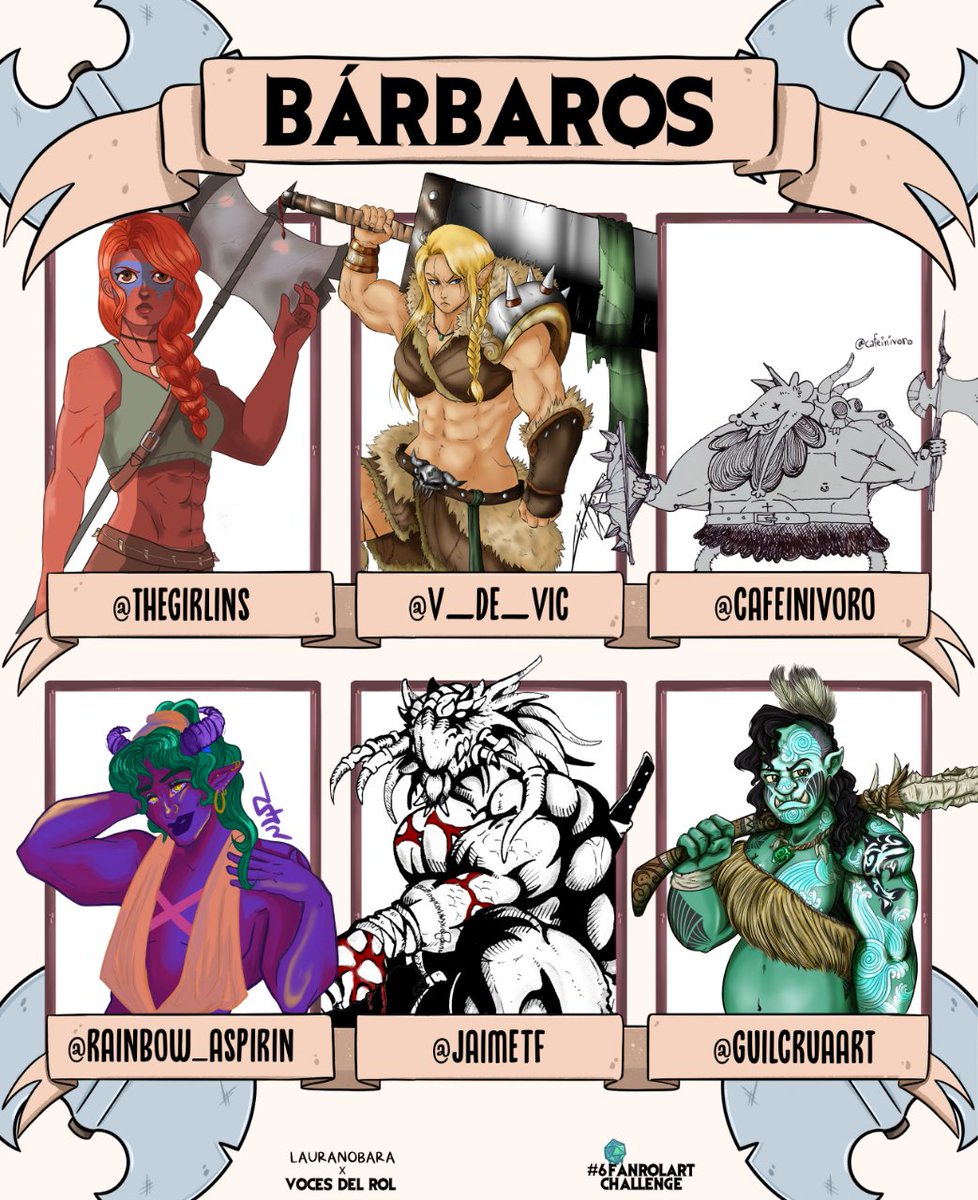 ¡BÁRBARXS! 🪓💥

Bienvenidxs al #6fanrolart creado por una servidora y @VocesdelRol 💥 ¡Desde hoy vais a poder ver el arte de 42 artistas rolerxs! Dad un fuerte aplauso a nuestros bárbarxs @Thegirlins <a href="/V_de_Vic/">Vic D. Ros</a> <a href="/cafeinivoro/">Galactic Cowboy</a> <a href="/Rainbow_aspirin/">✨Baphomet✨</a> <a href="/JaimeTF/">Jaime Torres Fdez</a> <a href="/guilcruaart/">Guillermo Cruz Aguilar</a> 💥 GRRRRR