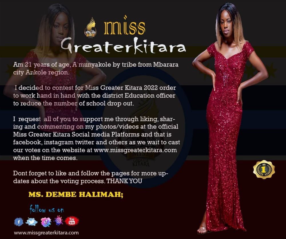 GreaterKitara's tweet photo. Ms Dembe Halimah contestant number 1 from Ankole Region in her party wear.

She requests you all to support her through liking, sharing and commenting on her photos/videos at the official platforms for Miss Greater Kitara on Facebook, Instagram and Twitter. https://t.co/ep1N1s3D5I