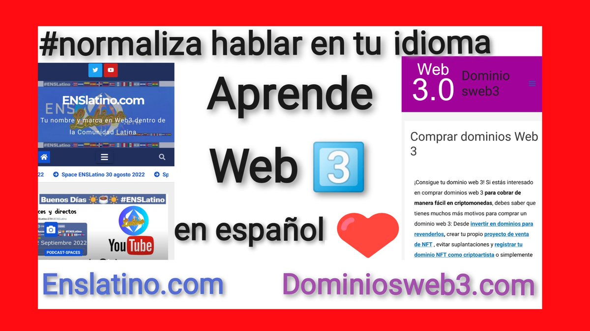 dominios_ens's tweet photo. La respuesta de @JulioEAH me encantó, debemos empezar a contestar en nuestro idioma para hablar de web 3. La #web3 en español existe y hay un mundo de domainers latinos e hispanohablantes. Aprende web 3 en español en https://t.co/R0drxMi6Vj y en https://t.co/u0aIkbFKaL #normaliza https://t.co/dRGf5AV4ws