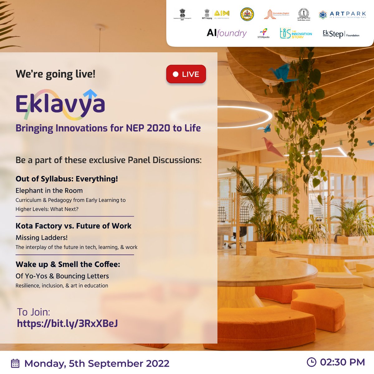 artparkindia's tweet photo. #CatchUsLive: This #TeachersDay, Don’t miss these exclusive discussions on ‘Bringing Innovations for NEP 2020 to Life’- happening today! 

📅 Today- Monday, September 5th 
⏰ 2:30 pm onwards 
🔗Join the session here: https://t.co/MRSXi0meAZ

#NEP2020 #TeachersDay #EventsAtARTPARK https://t.co/ind3ZWbBuk