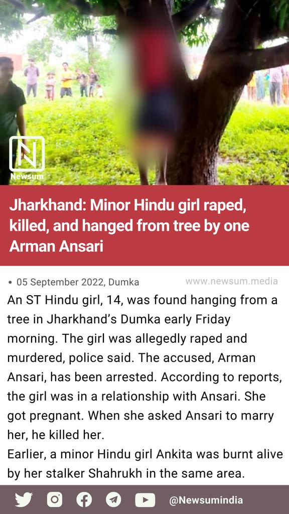 planH_In's tweet photo. Jharkhand: Minor Hindu girl raped, killed, and hanged from tree by one Arman Ansari https://t.co/hGeCE3Hs5O