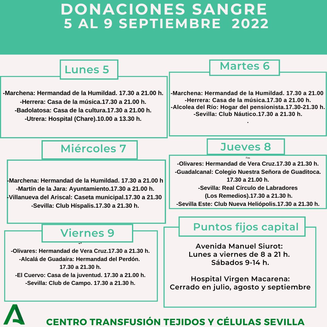 Comienza una semana ajetreada con la vuelta al cole pero #donarsangre sigue siendo imprescindible. Por ello, y para vuestra comodidad, hemos habilitado numerosos puntos en la provincia y en los barrios de la capital. ¡Os esperamos! #Sevilla